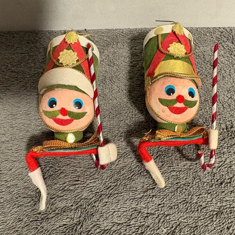 2 Vintage MCM Flock Felt Toy Soldier Christmas Tree Ornament Decor Retro Japan